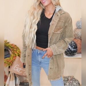 Oli and Hali Corduroy Shacket Jacket with Hooded Layer